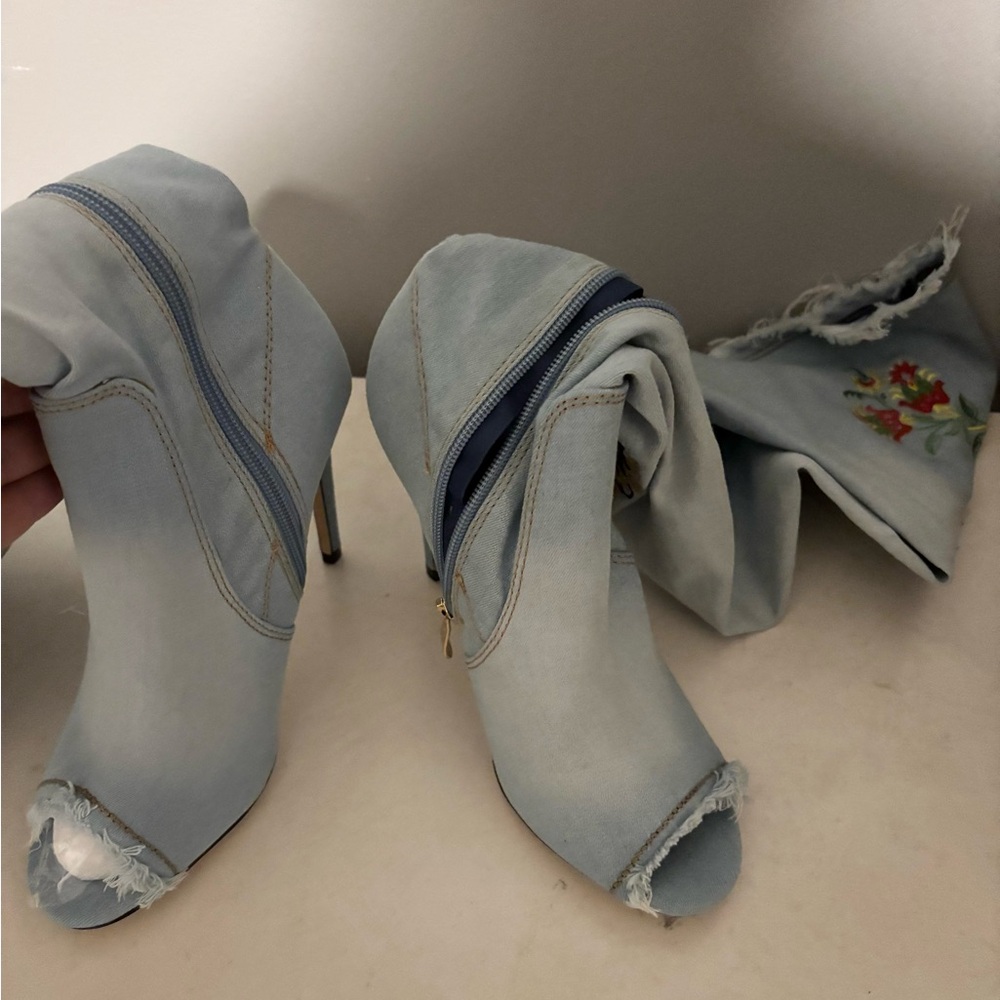 Denim Embroidered Thigh High Stiletto Boots – Size 8M